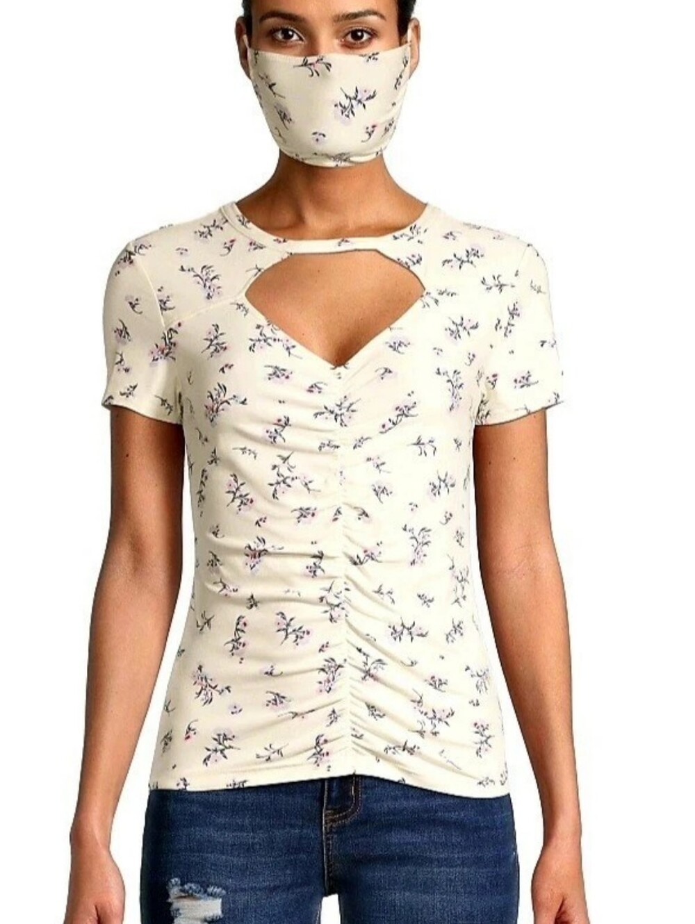 No Boundaries - Cream Floral Keyhole Ruched Short Sleeve Top with matching mask